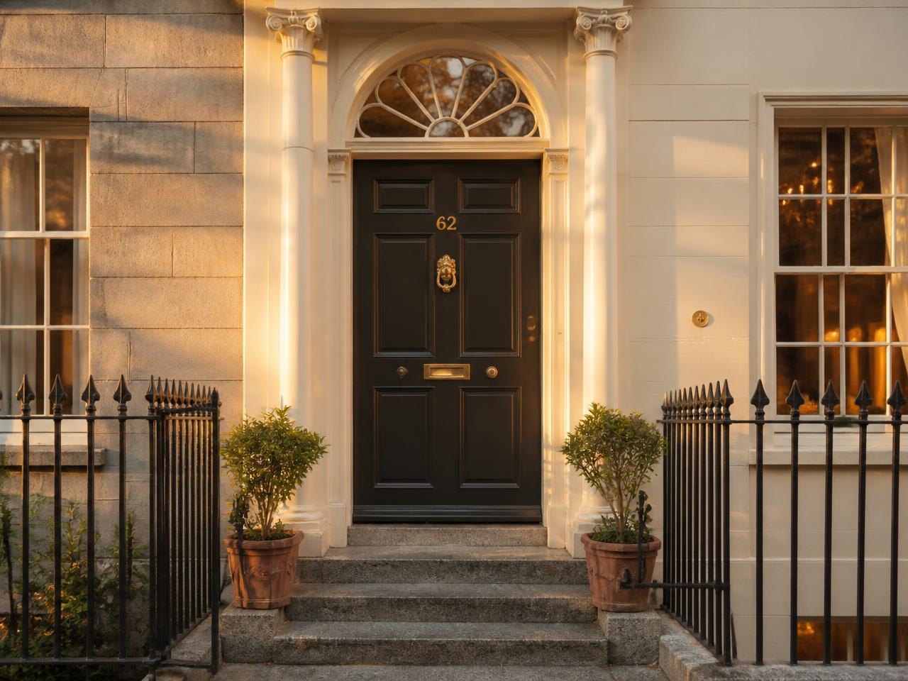 A Georgian period front door with brass knocker and fanlight in late afternoon light