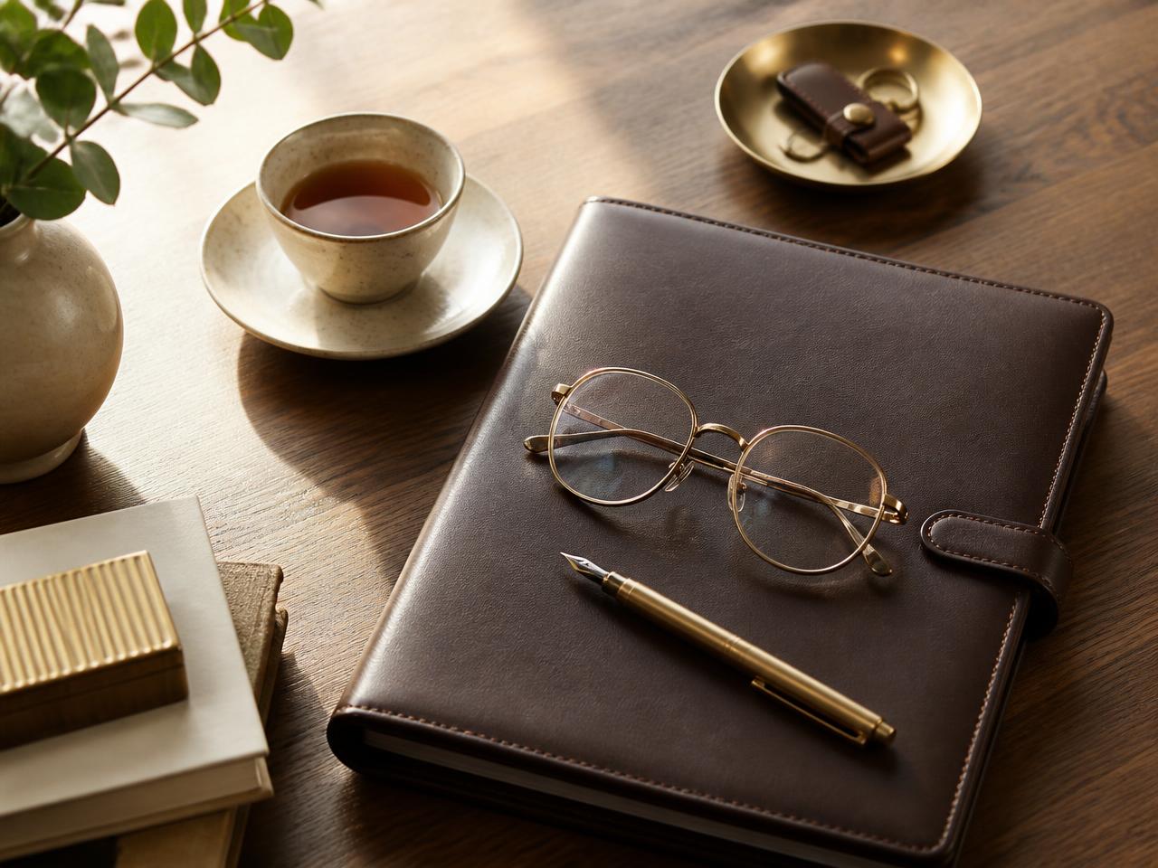 A warm oak desk with a leather pension folder, reading glasses and a brass pen