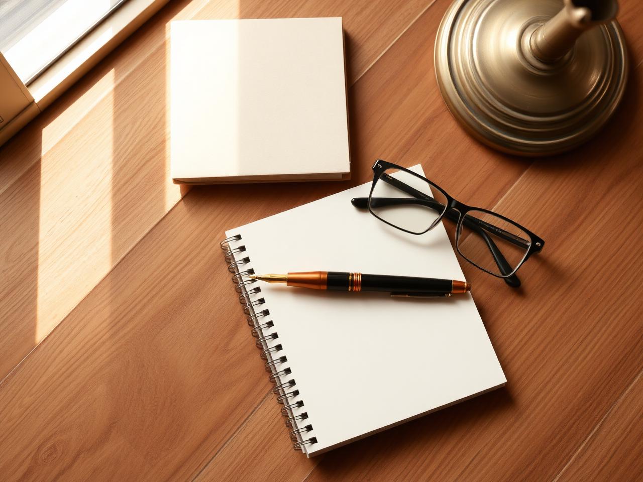 A notebook, fountain pen and reading glasses on a warm oak desk