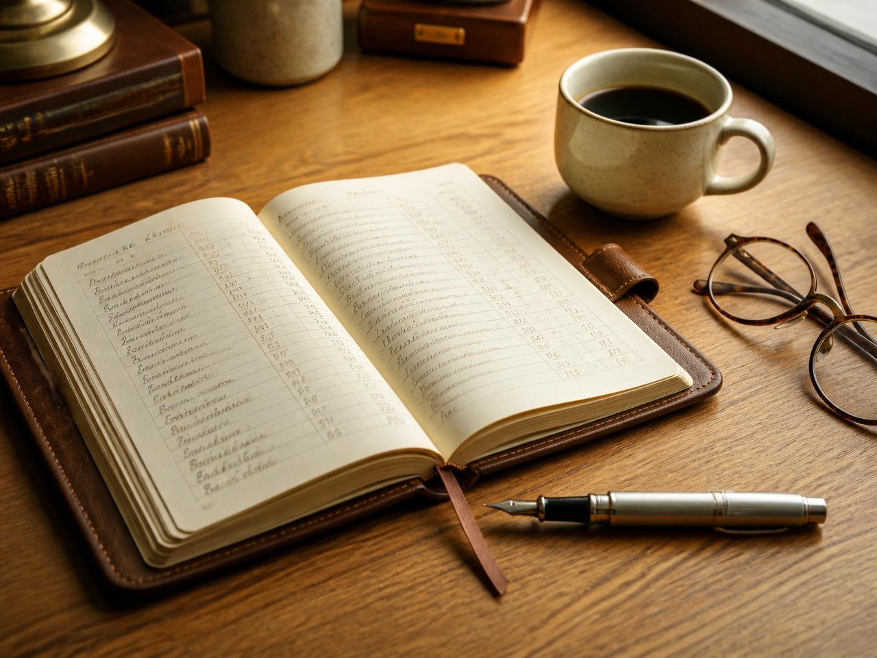 An open ledger, fountain pen and cup of coffee on a warm oak desk